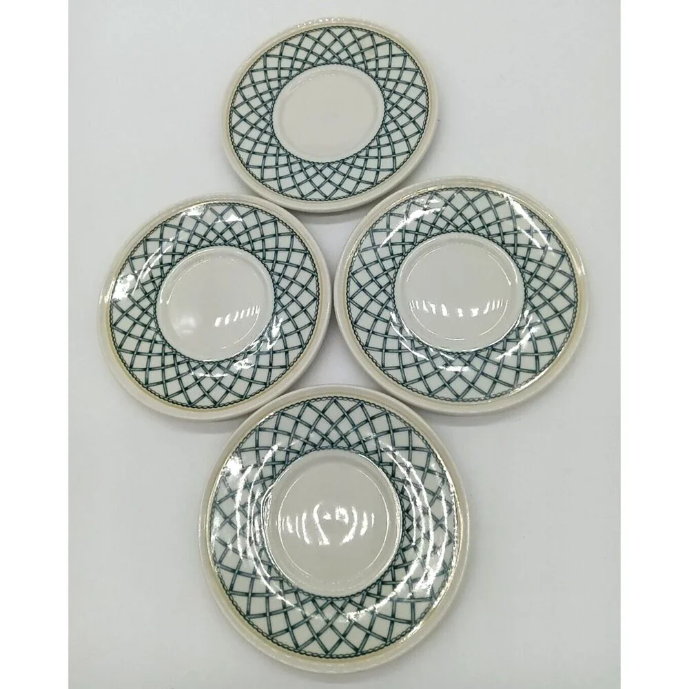 Vintage Rego Restaurant Ware China E438-58 Green Lattice Set Of 4 Saucers - Picture 3 of 6